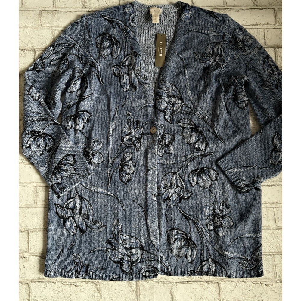 Chico's Flower Cardigan‎ Blue Sz 3 NWT Cotton Spring/Summer